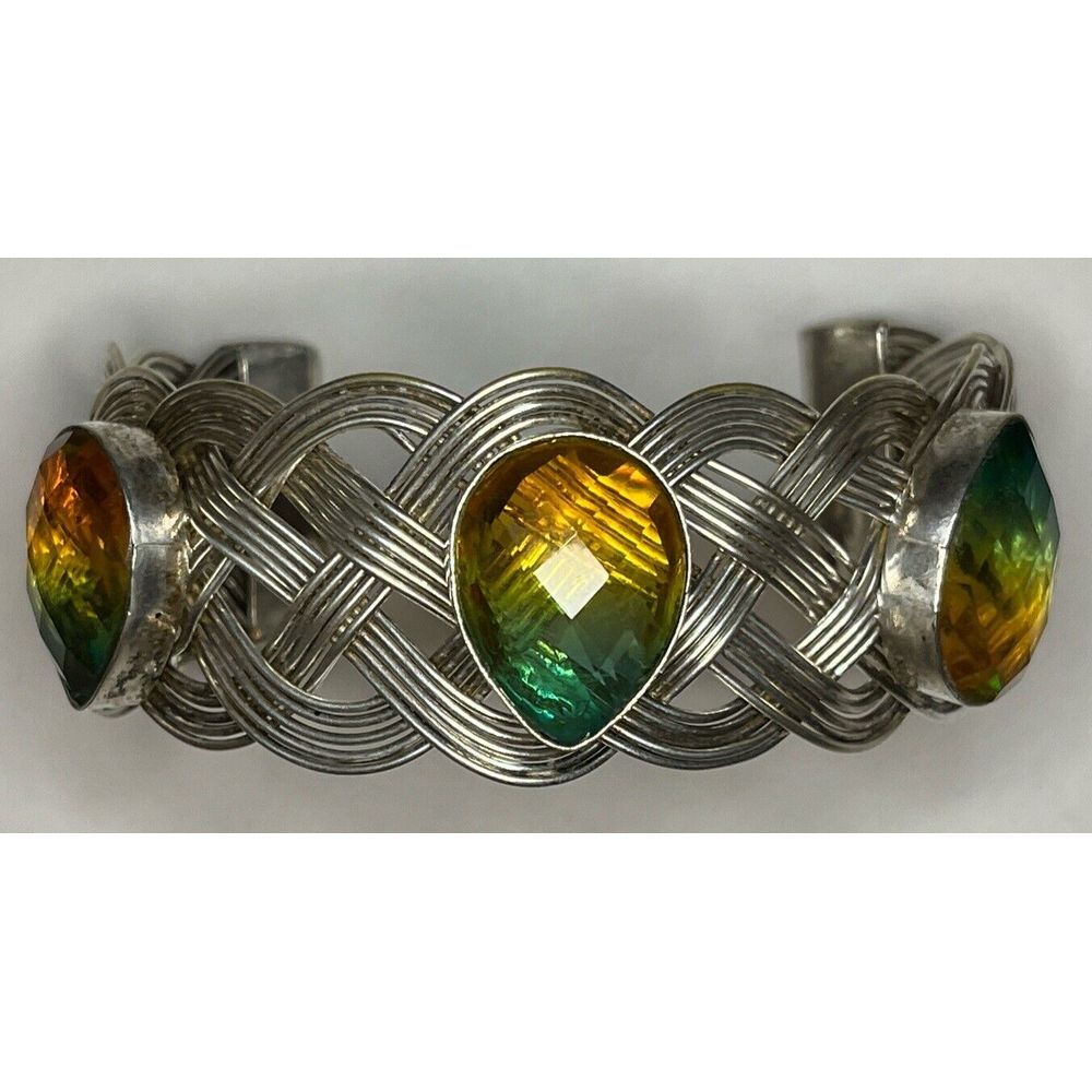 Watermelon Tourmaline Quartz Gemstone 925 Silver Plated Adjustable Cuff Bangle